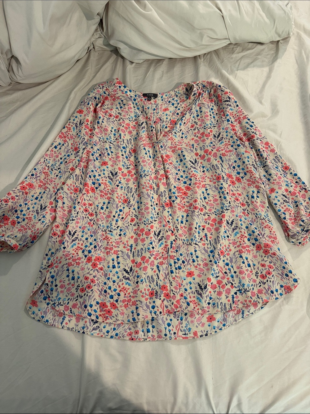 NYDJ Floral V-Neck Blouse in Cream, Pink & Blue